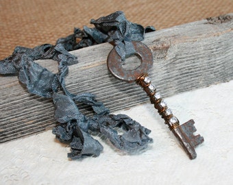 Skeleton Key necklace, Up Cycled key, Rhinestone wire wrapped Skeleton Key Necklace, Rhinestone key necklace, Antique Key Necklace