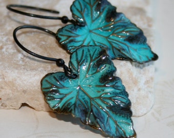 Teal and Green Leaf Earrings, woodland jewelry, Rustic verdigris patina, Fall accessory