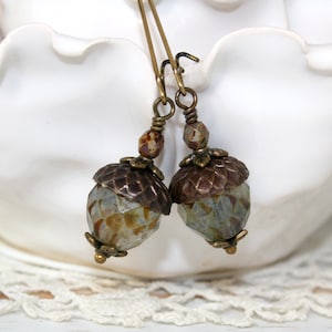 Olivine Picasso Glass Acorn earrings, Woodland Earrings, Rustic earrings, Long dangle earrings