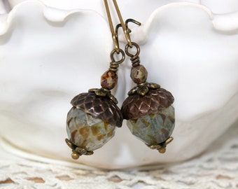 Olivine Picasso Glass Acorn earrings, Woodland Earrings, Rustic earrings, Long dangle earrings