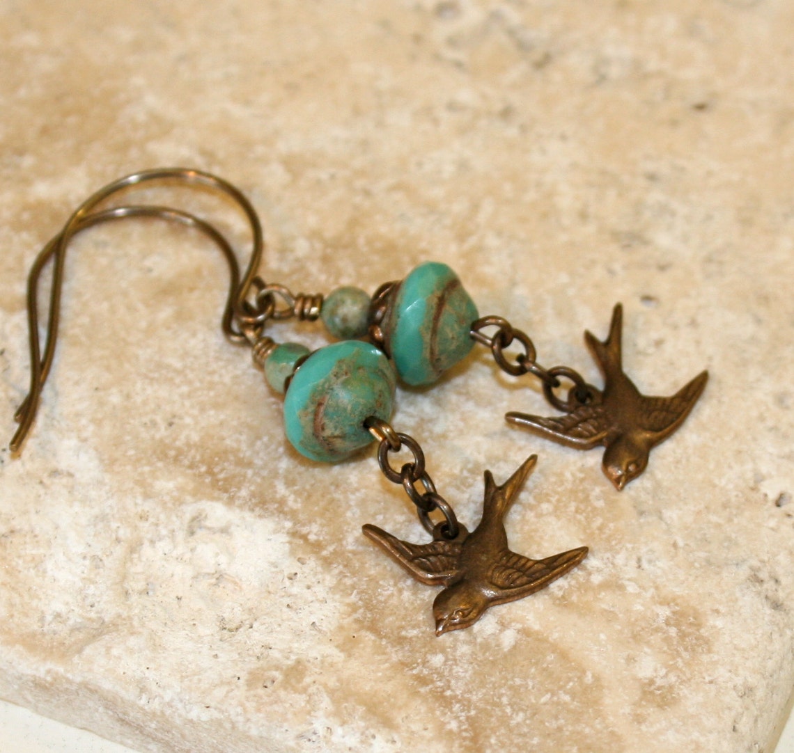 Bird earrings Turquoise earrings Vintaj earrings Rustic Etsy