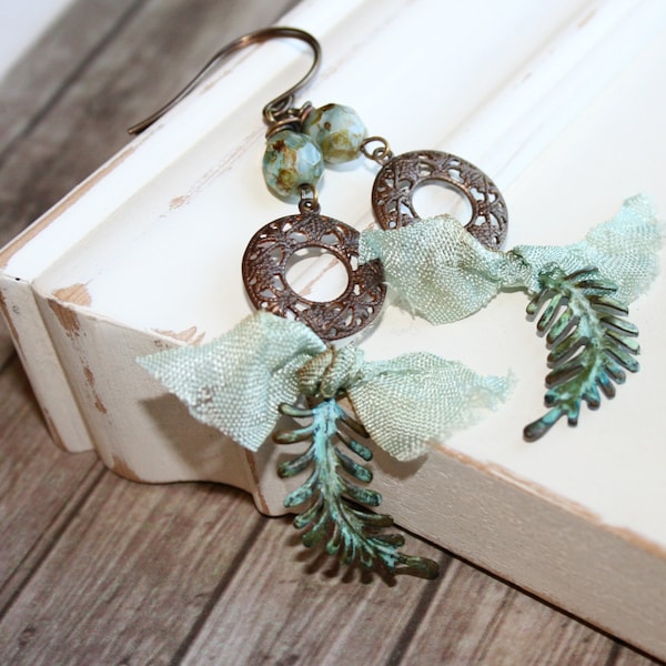 Shabby Boho Earrings, Blue Green earrings, Verdigris dangle earrings, Vintaj jewelry, Patina jewelry