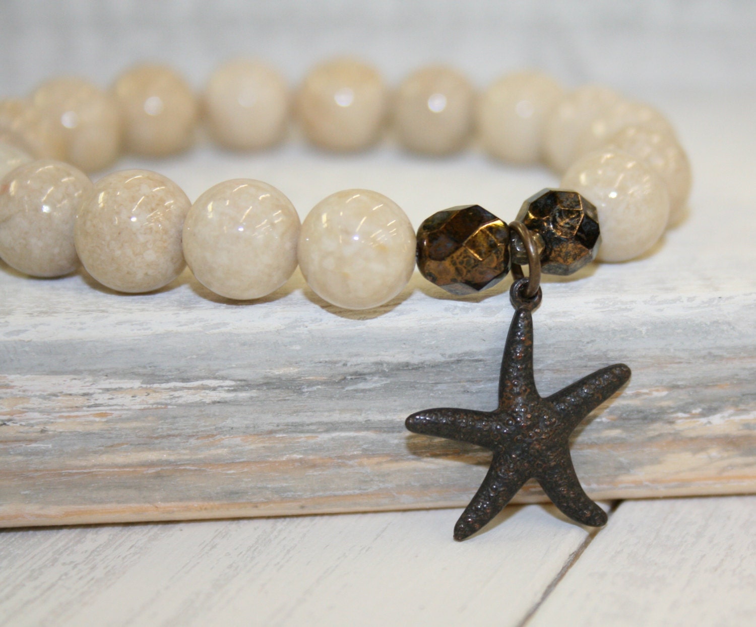 Starfish Bracelet, Cream Stretch Bracelet, Riverstone Beads, 10mm ...
