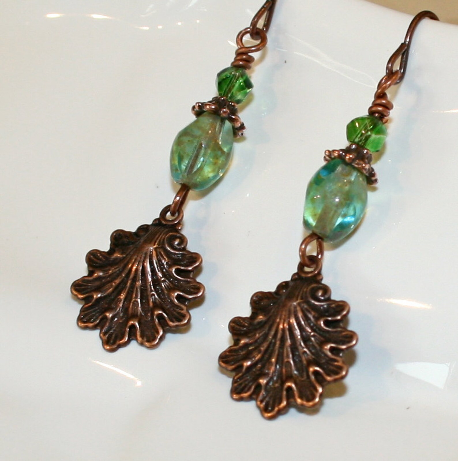 Blue Green Earrings Sea Shell Earrings Cottage Chic Copper - Etsy