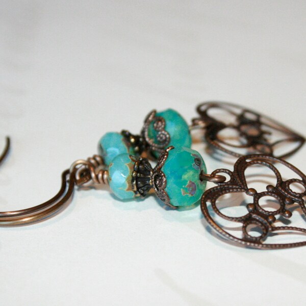 Dangling Heart Earrings, Aqua blue earrings, Vintaj earrings, Rustic jewelry, Filigree Earrings