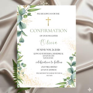 May include: Confirmation invitation with a gold cross and text. The invitation features the name "Olivia" in elegant script, surrounded by watercolor eucalyptus and gold accents. The date is Sunday, May 24, 2026.