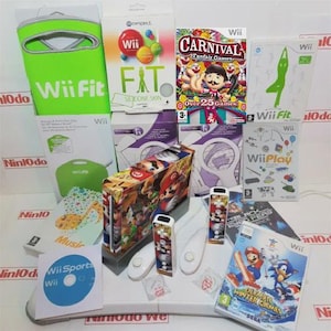 May include: A selection of Wii gaming consoles, games, and accessories. Includes a Wii console with Mario graphics, game discs, controllers, and boxes for Wii Fit and Wii Play. The color scheme is primarily white, green, and red.