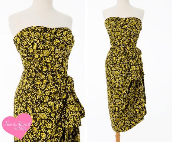 Vintage 1950s 40s Hawaiian Dress // Bold Black Ye… - image 1