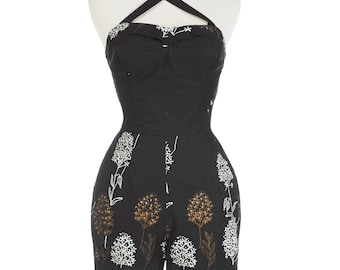 Vintage 1950s Peggy Wood Romper | Hawaiian Floral Tropical Border Print Playsuit XS S
