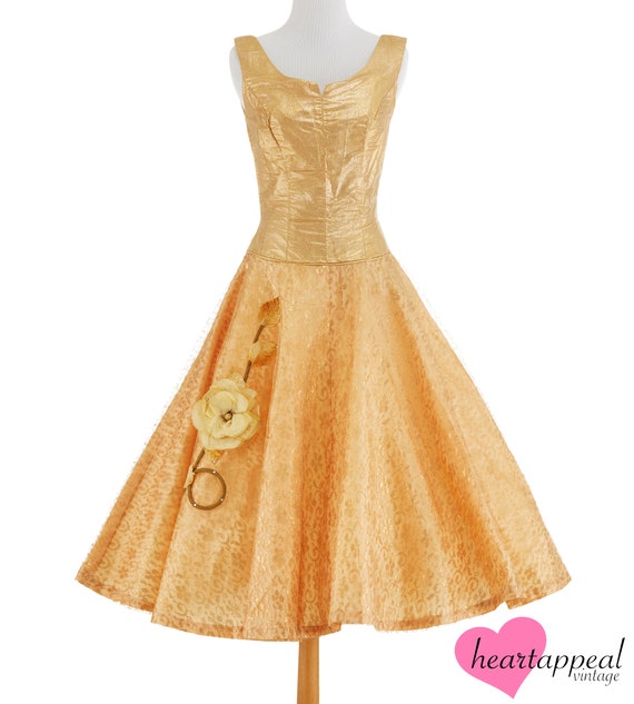 Vintage 1950s Dress | Metallic Gold Lace Full Skirt Party Dress Floral Applique S - Etsy Vintage 1950s Dress | Metallic Gold Lace Full Skirt Party Dress Floral Applique S - Etsy
