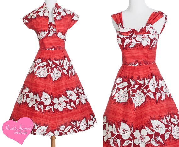 Vintage 1950s Watumull's Set // Red White Floral … - image 1