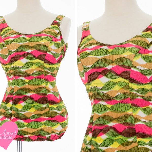 Vintage 1950s Rose Marie Reid Swimsuit // Fun Bright Multi Color Neon Abstract One Piece Bathing Suit S