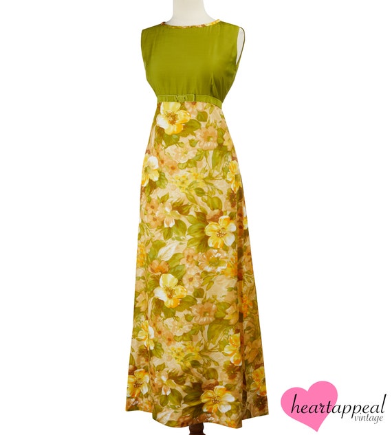 Vintage 1970s 60s Dress // Green Yellow Velvet Fl… - image 5