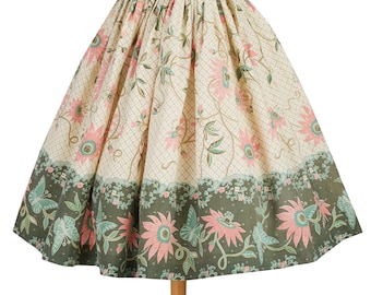 Vintage 1950s Alex Colman Skirt | Butterfly Floral Lattice Pink Green Novelty Skirt XS