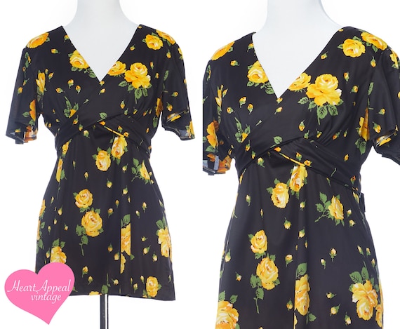 Vintage 1960s Top // Yellow Black Rose Floral Boh… - image 1