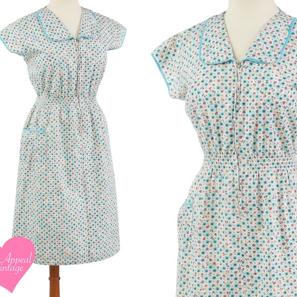 Vintage 1940s 50s Dress // Blue Pink White Rose Floral Novelty Print Zipper Front Pocket Day Dress M L