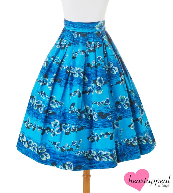 Vintage 1950s Skirt | Blue White Floral Hawaiian … - image 4