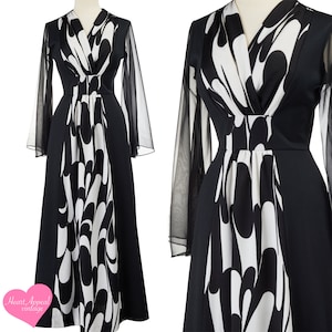 Vintage 1970s 60s Montgomery Ward Dress // Black White Op Psychedelic Sheer Sleeve Maxi Gown M