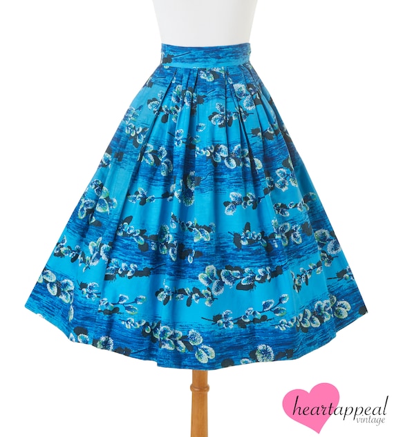 Vintage 1950s Skirt | Blue White Floral Hawaiian … - image 1