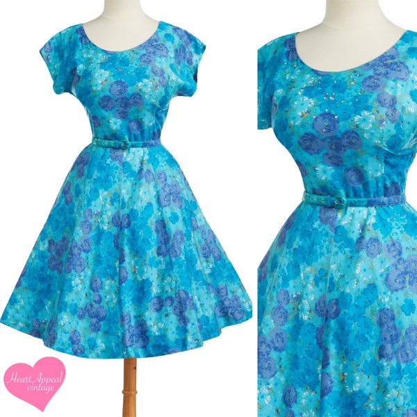 Vintage 1950s Bunny's Casuals Miami Dress // Blue Floral Rhinestone Belted Pocket Day Dress L