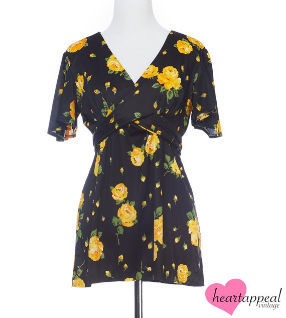 Vintage 1960s Top // Yellow Black Rose Floral Boh… - image 2