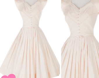 Vintage 1950s Jr Flair Dress // Pastel Pink Floral Pleated Button Flared Skirt Day Dress XS S