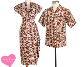 Vintage 1950s Surfriders Hawaiian Set | Brown White Fish Novelty Print Shirt & Sarong Dress
