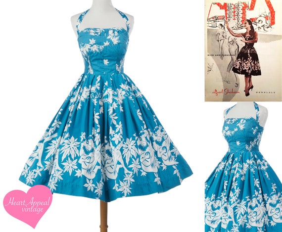 Vintage 1950s Alfred Shaheen Dress // Rare Blue T… - image 1