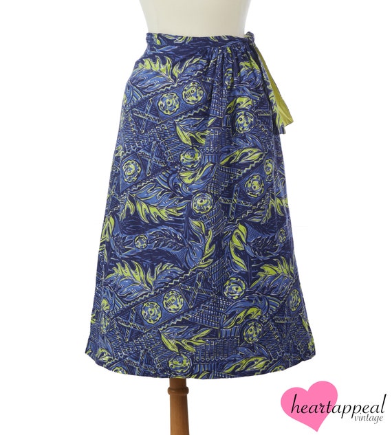 Vintage 1950s Skirt // Blue Green Leaf Hawaiian N… - image 2
