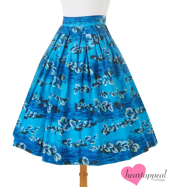 Vintage 1950s Skirt | Blue White Floral Hawaiian … - image 3