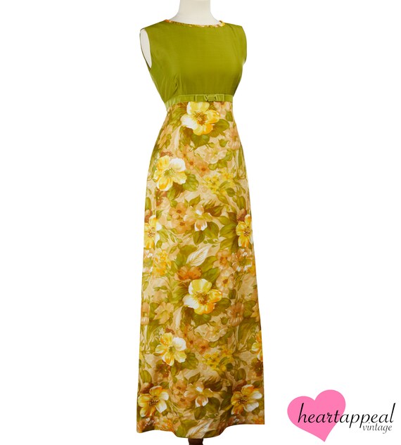 Vintage 1970s 60s Dress // Green Yellow Velvet Fl… - image 3