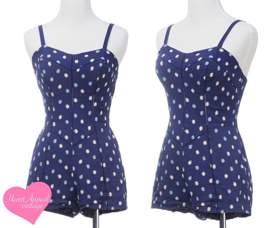 Vintage 1950s Rose Marie Reid Swimsuit // Navy Whi