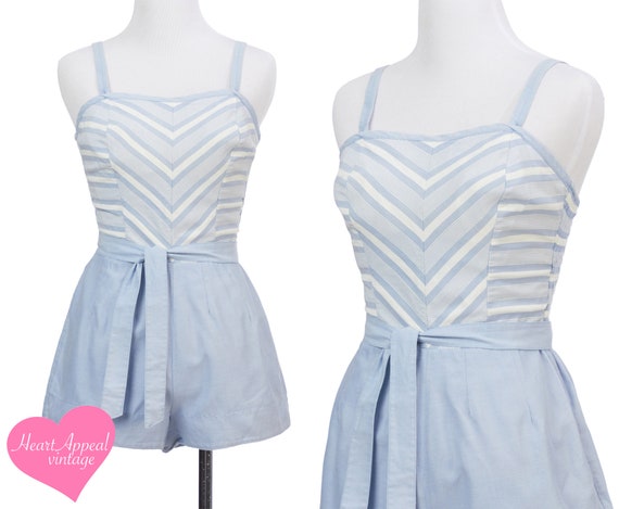 Vintage 1950s Playsuit // Blue White Chevron Strip