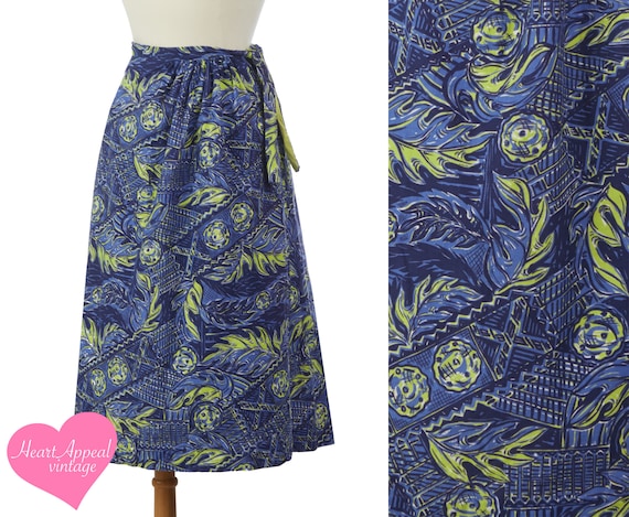 Vintage 1950s Skirt // Blue Green Leaf Hawaiian N… - image 1