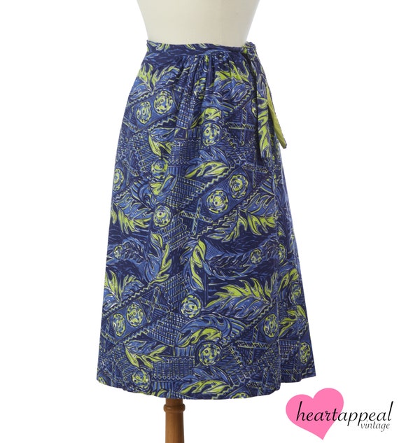 Vintage 1950s Skirt // Blue Green Leaf Hawaiian N… - image 3