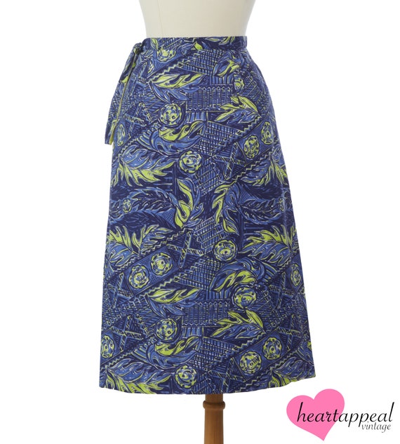 Vintage 1950s Skirt // Blue Green Leaf Hawaiian N… - image 5