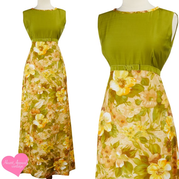 Vintage 1970s 60s Dress // Green Yellow Velvet Fl… - image 1