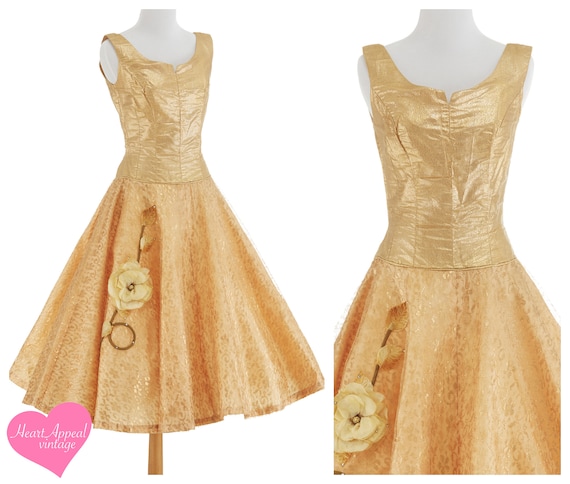 Vintage 1950s Dress // Metallic Gold Lace Full Sk… - image 1