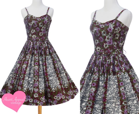 Vintage 1950s Dress // Purple Floral Novelty Borde