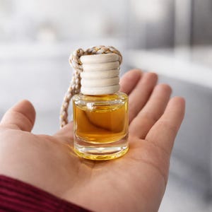 Peut inclure: Petite bouteille en verre transparent remplie d'un liquide ambré, coiffée d'un bouchon en bois clair et d'un cordon tressé. Le flacon est tenu dans une main ouverte, suggérant un parfum ou une huile essentielle.