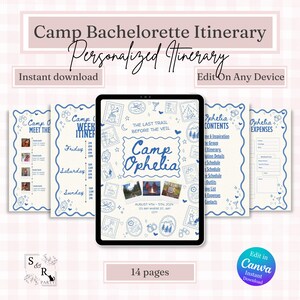 Peut inclure: Un modèle d'itinéraire numérique de 14 pages pour enterrement de vie de jeune fille affiché sur une tablette. Le design présente des icônes en ligne bleue d'équipement de camping, le texte Camp Ophelia, The Last Trail Before The Veil.
