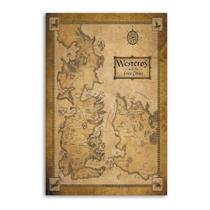 May include: A vintage-style map of Westeros and the Free Cities, featuring detailed geographical illustrations. The map is printed on aged paper with a decorative border and includes a compass rose and the title "Westeros and the Free Cities".
