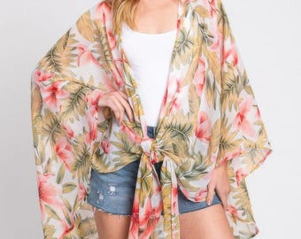 Tropical Flower Leaves Print Shawl Cover-up