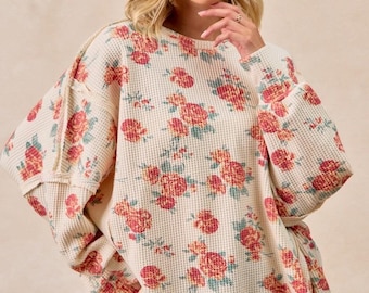 BiBi Floral Print Oversized Waffle Thermal Sweatshirt
