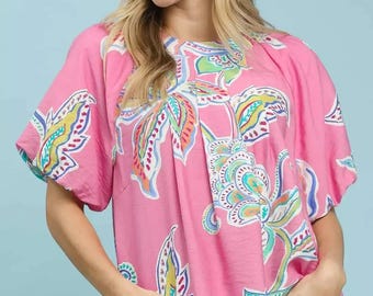 Paisley Print Puff Sleeve Top for Women – Pink Boho Blouse, Loose Fit Summer Shirt, Boutique Style