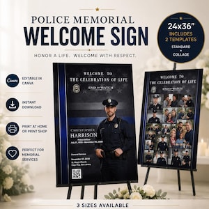 Welkomstbord bij de begrafenis van een politieagent, herdenkingsposter voor veteranen, bewerkbaar Canva-eerbetoon met het thema 'Thin Blue Line'