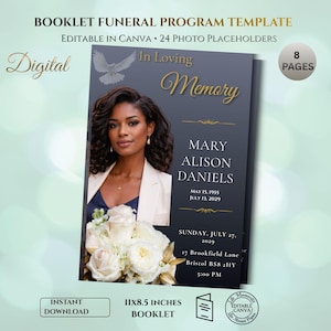 Op de afbeelding: Een digitale begrafenisprogrammasjabloon met een foto van een vrouw, witte rozen en de tekst "In Loving Memory". Het boekje is 27,9 x 21,6 cm groot en heeft 8 pagina's. Tekst bevat "Mary Alison Daniels" en evenementdetails.
