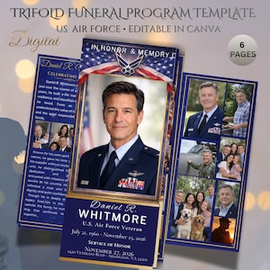 Op de afbeelding: Een drievoudig begrafenisprogrammasjabloon voor de US Air Force. Het ontwerp toont een portret van een man in uniform, met extra foto's en tekst. De sjabloon bevat de tekst "In Honor & Memory C" en "6 Pages".