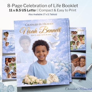 Baby Boy Funeral Program, 8-Page Blue Homegoing Celebration of Life, 11x8.5" Obituary (Canva Editable)