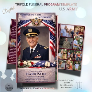 U.S. Army Military Funeral Program TriFold Template | Patriotic Obituary | Editable Canva Template | Instant Download